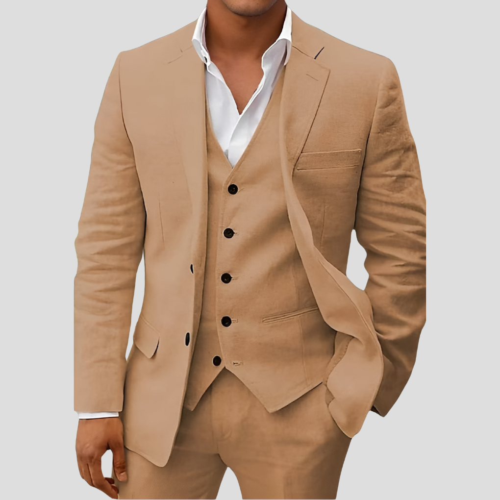 "Ensemble 3 pièces homme en lin beige, blazer, gilet, pantalon, élégance et confort en toute saison"