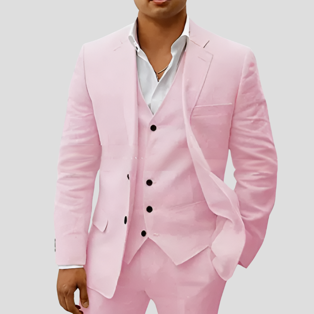 "Ensemble 3 pièces homme en lin beige, blazer, gilet, pantalon, élégance et confort en toute saison"