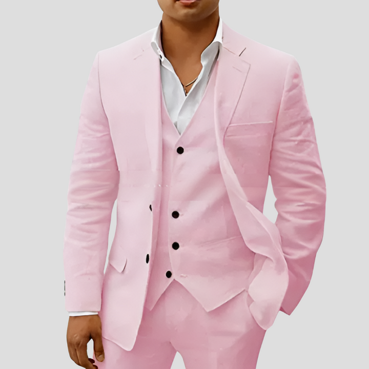 "Ensemble 3 pièces homme en lin beige, blazer, gilet, pantalon, élégance et confort en toute saison"