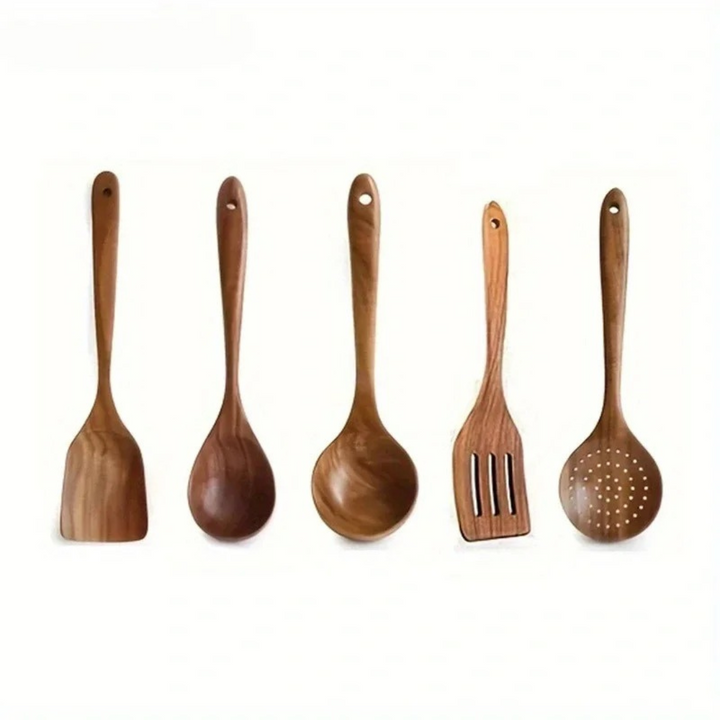 Ensemble 5 ustensiles cuisine bois, style rustique élégant.  Idéal pour cuisiner.