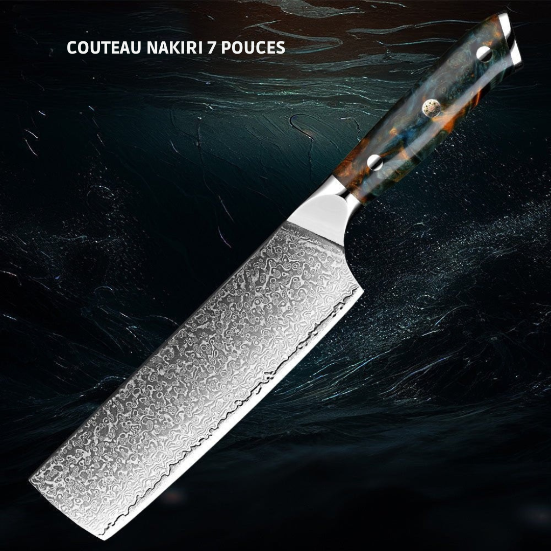 Ensemble 7 couteaux japonais VG10 Damas.  Design élégant, lames affûtées, manche bois.  Coffret luxe.