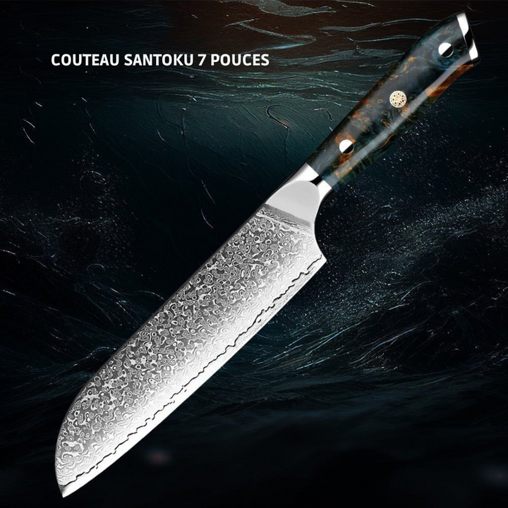 Ensemble 7 couteaux japonais VG10 Damas.  Design élégant, lames affûtées, manche bois.  Coffret luxe.