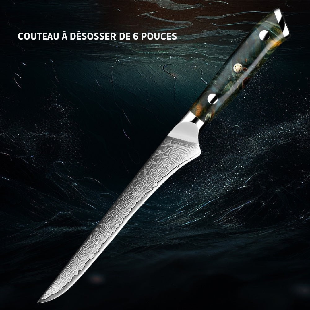 Ensemble 7 couteaux japonais VG10 Damas.  Design élégant, lames affûtées, manche bois.  Coffret luxe.
