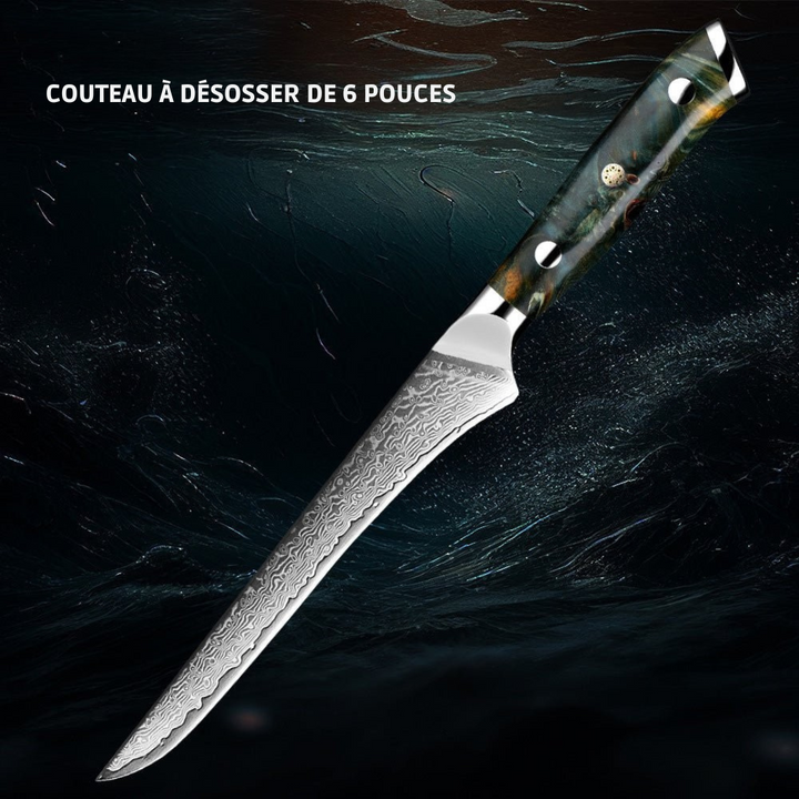 Ensemble 7 couteaux japonais VG10 Damas.  Design élégant, lames affûtées, manche bois.  Coffret luxe.