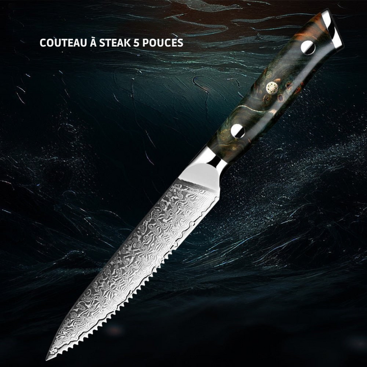 Ensemble 7 couteaux japonais VG10 Damas.  Design élégant, lames affûtées, manche bois.  Coffret luxe.