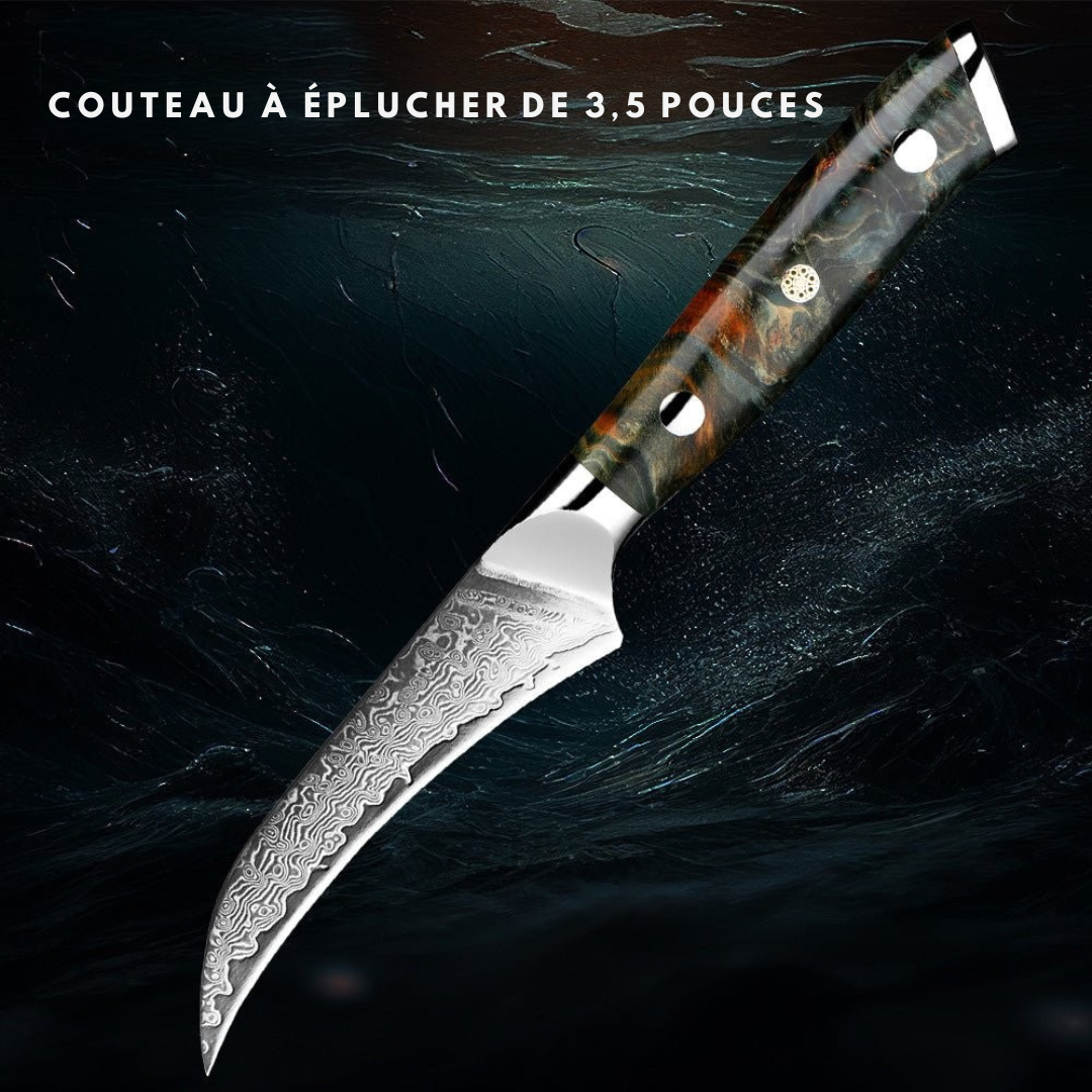 Ensemble 7 couteaux japonais VG10 Damas.  Design élégant, lames affûtées, manche bois.  Coffret luxe.