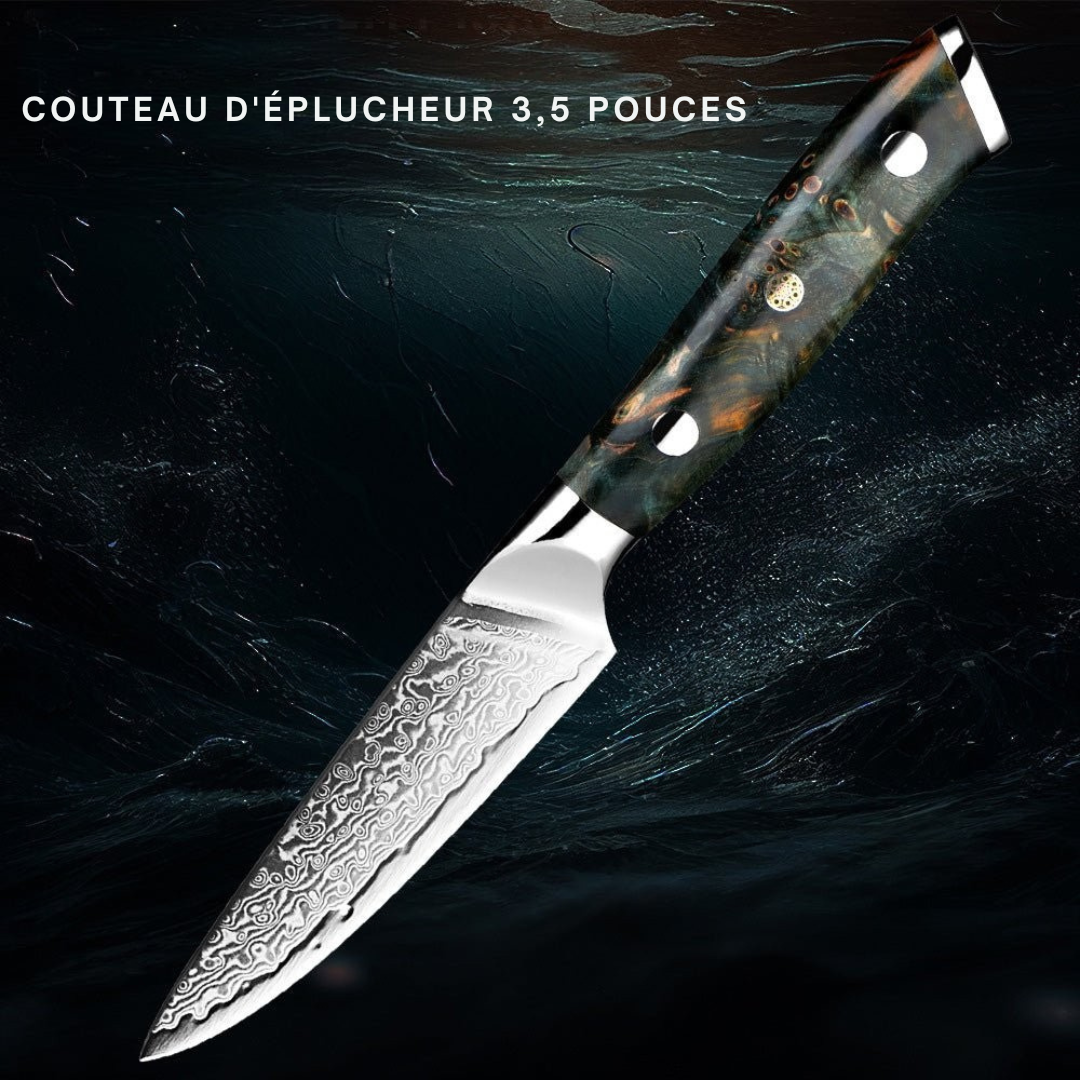 Ensemble 7 couteaux japonais VG10 Damas.  Design élégant, lames affûtées, manche bois.  Coffret luxe.