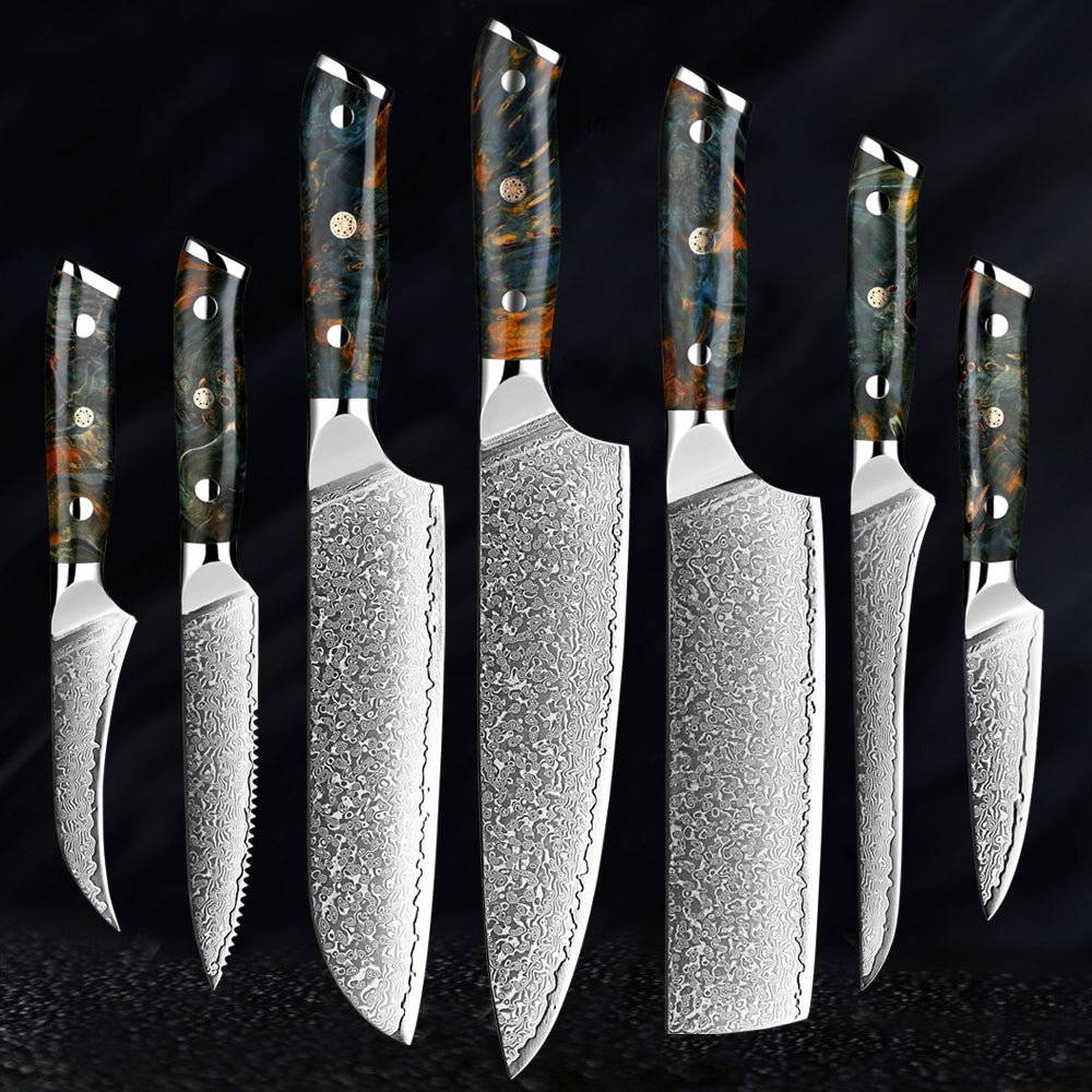 Ensemble 7 couteaux japonais VG10 Damas.  Design élégant, lames affûtées, manche bois.  Coffret luxe.