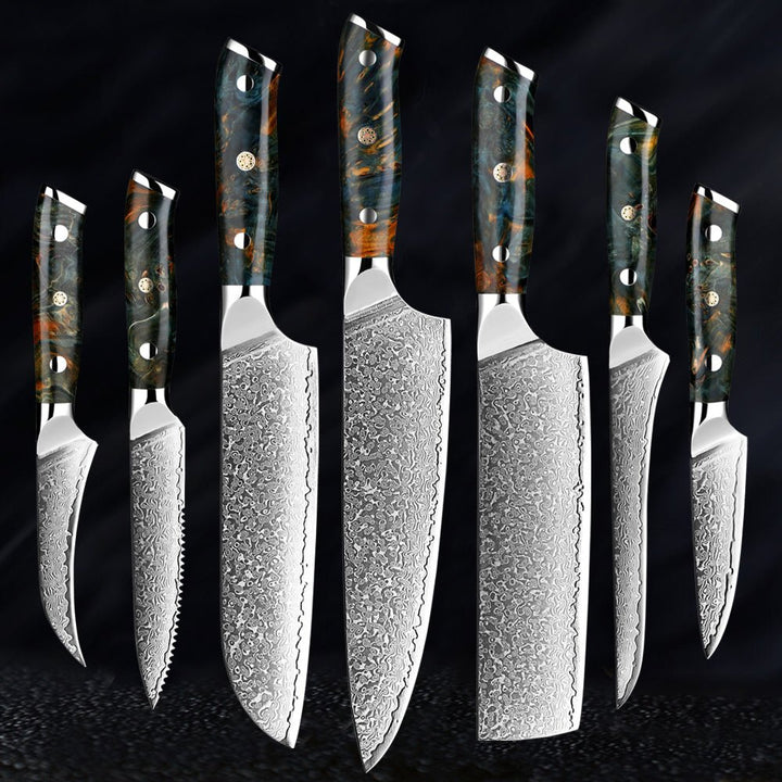 Ensemble 7 couteaux japonais VG10 Damas.  Design élégant, lames affûtées, manche bois.  Coffret luxe.