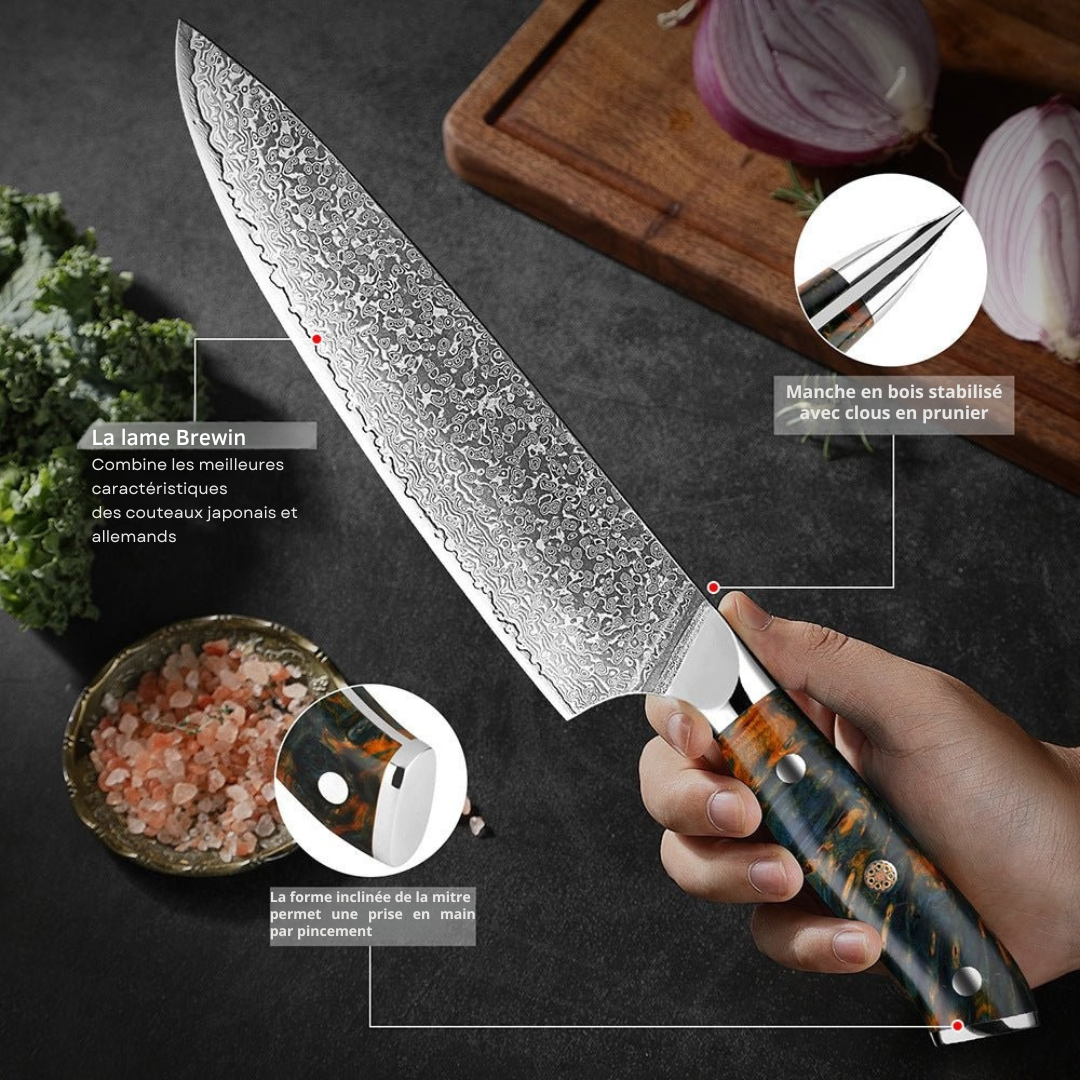 Ensemble 7 couteaux japonais VG10 Damas.  Design élégant, lames affûtées, manche bois.  Coffret luxe.