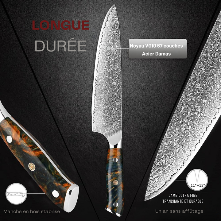 Ensemble 7 couteaux japonais VG10 Damas.  Design élégant, lames affûtées, manche bois.  Coffret luxe.