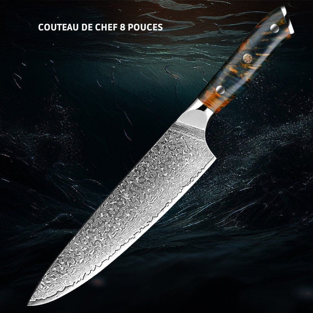 Ensemble 7 couteaux japonais VG10 Damas.  Design élégant, lames affûtées, manche bois.  Coffret luxe.