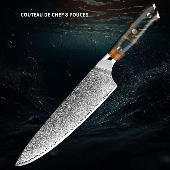 Ensemble 7 couteaux japonais VG10 Damas.  Design élégant, lames affûtées, manche bois.  Coffret luxe.