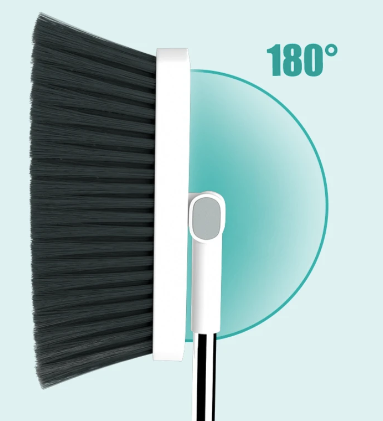 Ensemble balai et pelle à dents, tête rotative 180°, design ergonomique, nettoyage efficace des coins sous les meubles.