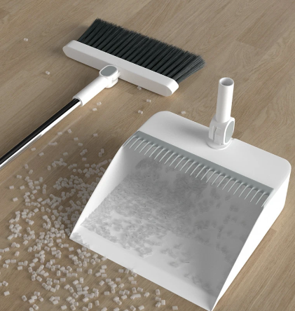 Ensemble balai et pelle à dents, tête rotative 180°, design ergonomique, nettoyage efficace des coins sous les meubles.