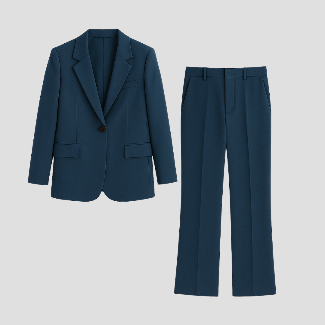 Ensemble blazer cintré et pantalon droit femme, tissu doux, col classique, couleur sobre, chic et confortable.