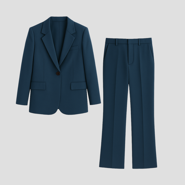 Ensemble blazer cintré et pantalon droit femme, tissu doux, col classique, couleur sobre, chic et confortable.