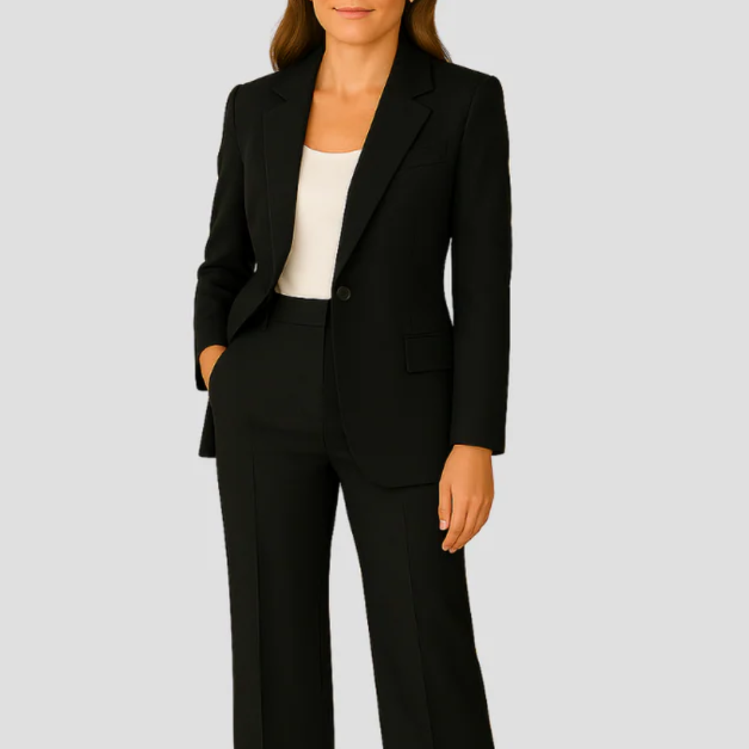 Ensemble blazer cintré et pantalon droit femme, tissu doux, col classique, couleur sobre, chic et confortable.