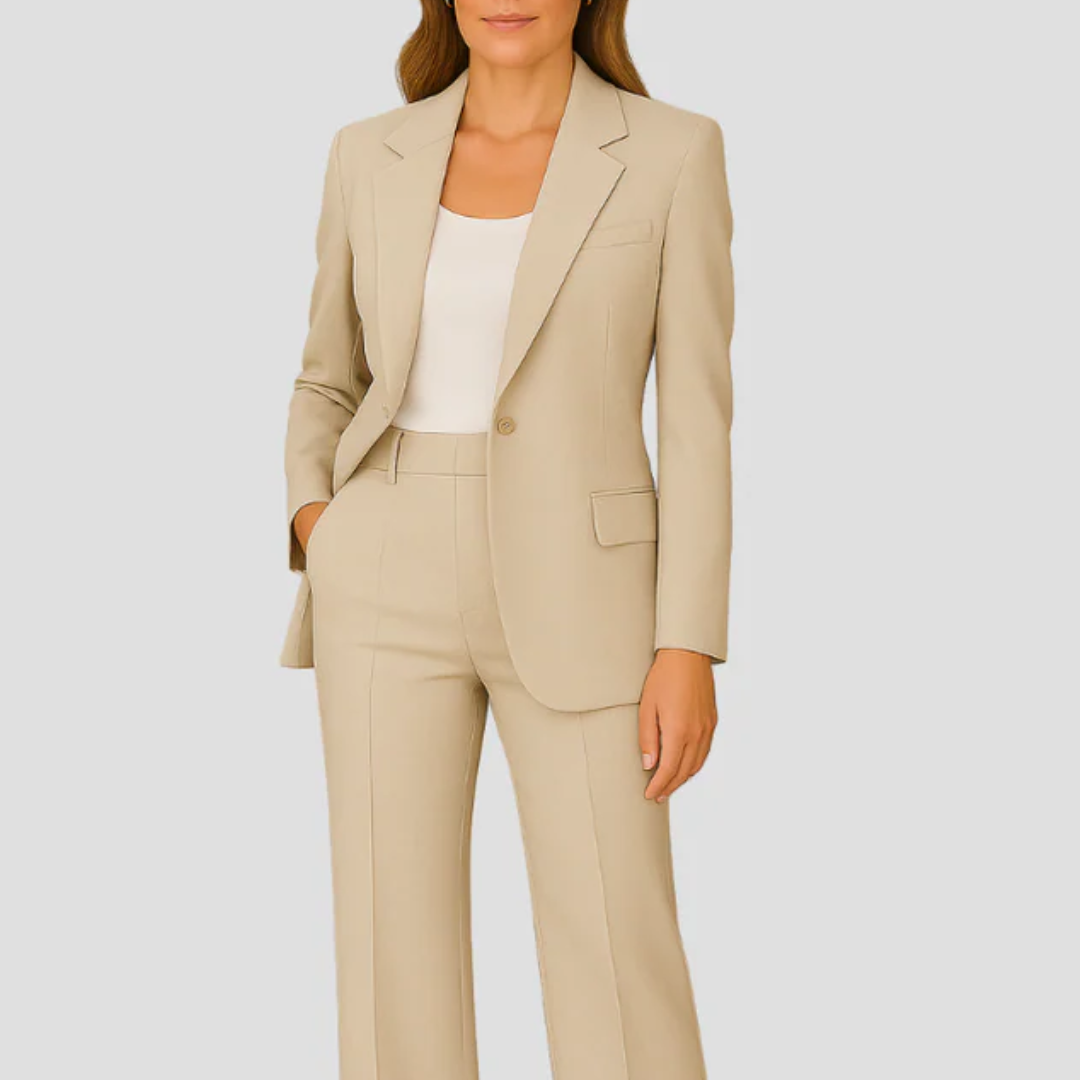 Ensemble blazer cintré et pantalon droit femme, tissu doux, col classique, couleur sobre, chic et confortable.