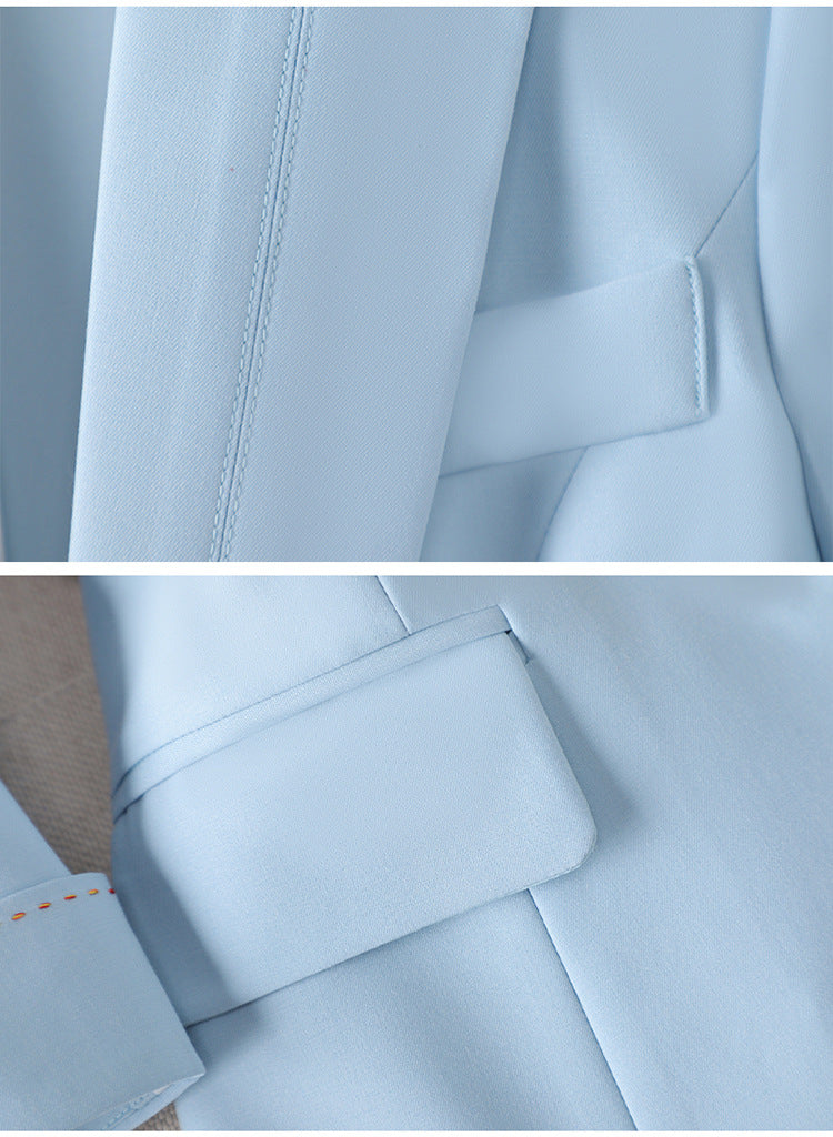 "Ensemble blazer élégant Isabelle, chic et moderne, parfait pour réunions et événements, en tissu bleu de qualité."