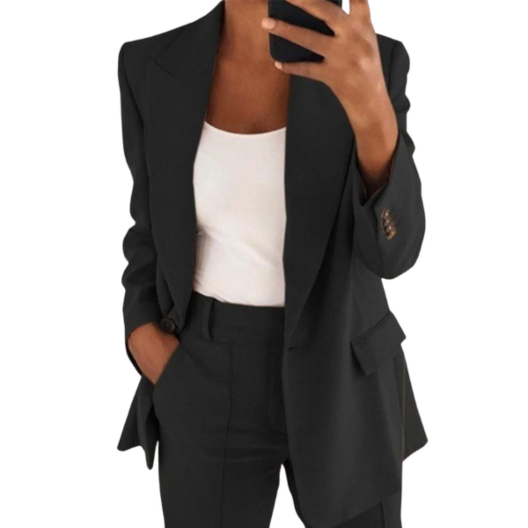 Ensemble blazer femme élégant, pantalon et veste ajustée, plusieurs couleurs, idéal pour bureau ou sorties décontractées.
