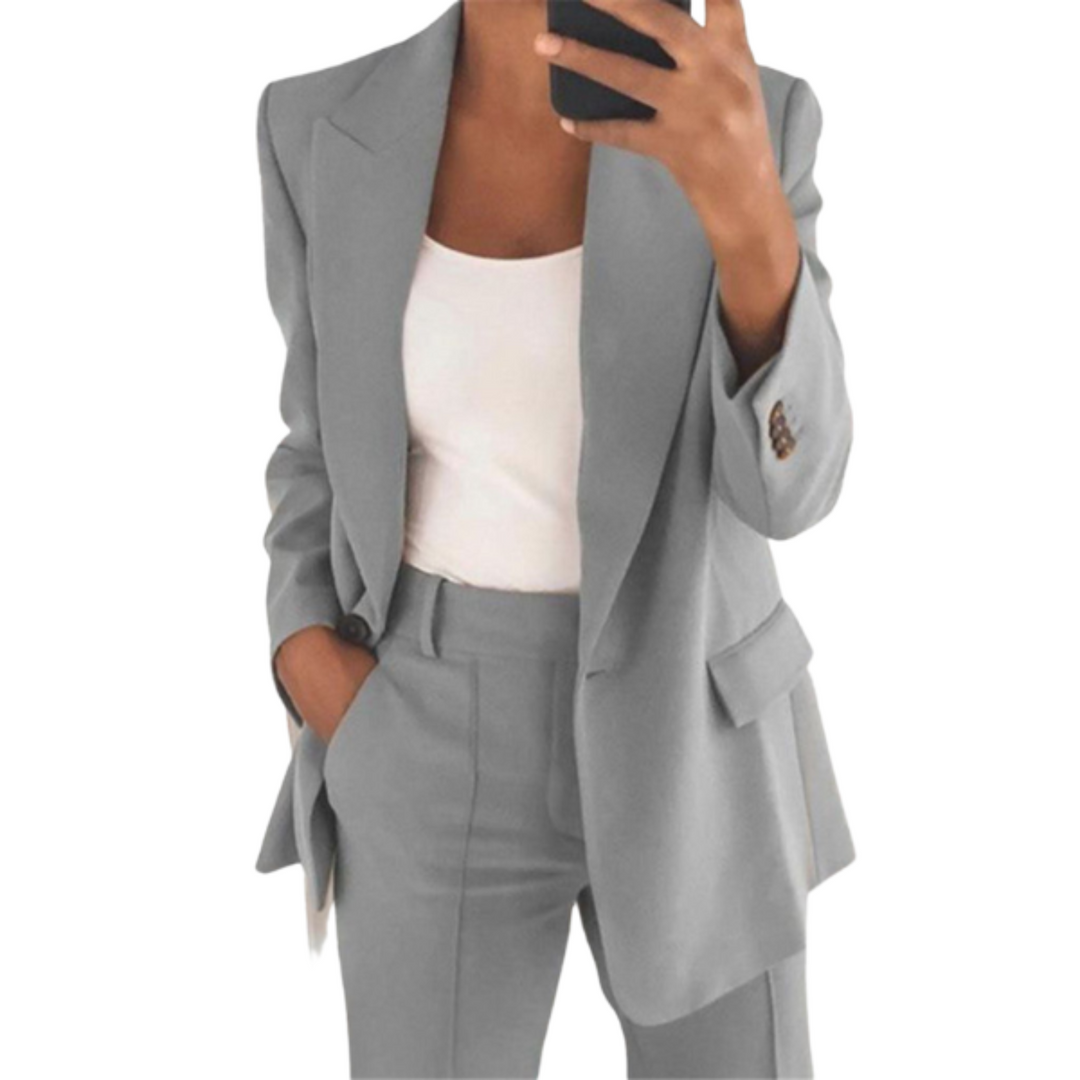 Ensemble blazer femme élégant, pantalon et veste ajustée, plusieurs couleurs, idéal pour bureau ou sorties décontractées.