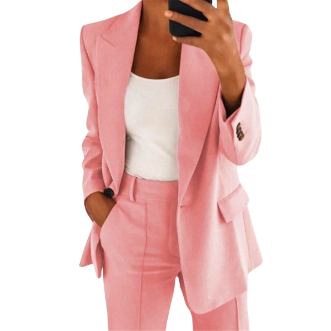Ensemble blazer femme élégant, pantalon et veste ajustée, plusieurs couleurs, idéal pour bureau ou sorties décontractées.