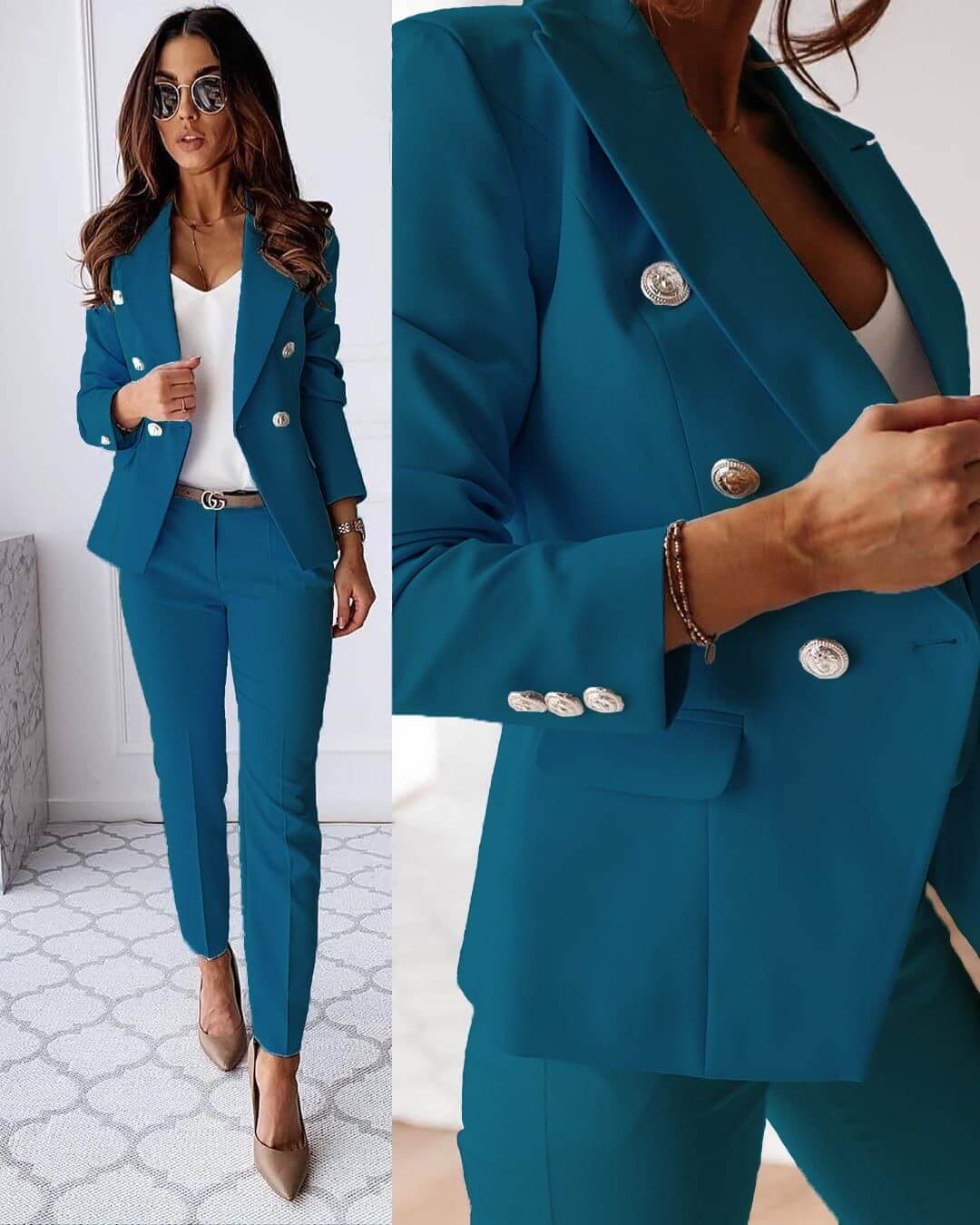 Ensemble blazer jupe/pantalon élégant. Coupe flatteuse, look chic et professionnel. Tailles S-2XL.