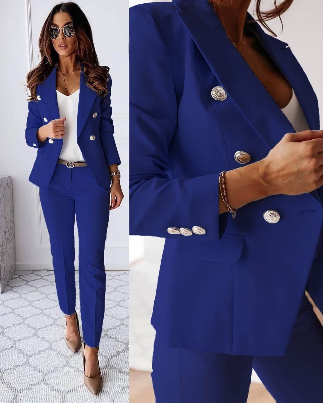 Ensemble blazer jupe/pantalon élégant. Coupe flatteuse, look chic et professionnel. Tailles S-2XL.