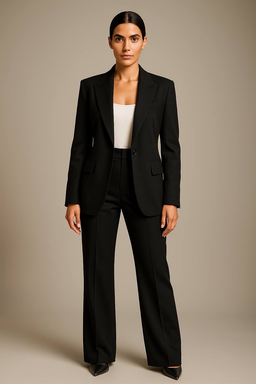 Ensemble blazer & pantalon femme chic. Tenue professionnelle élégante pour bureau, affaires. Style moderne et polyvalent.