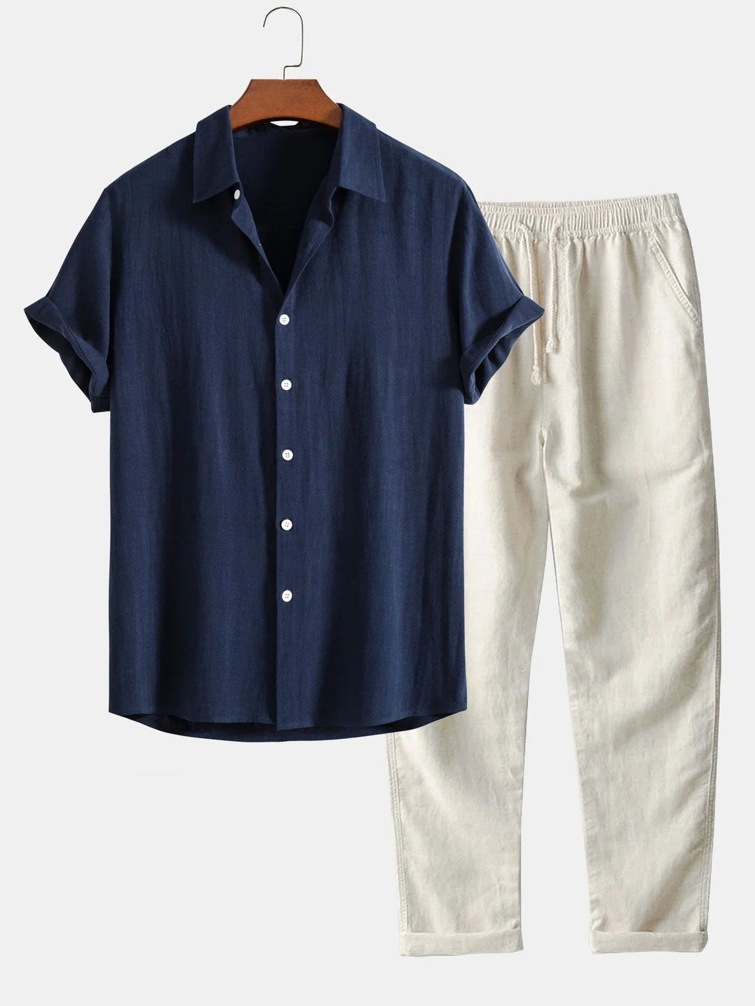 Ensemble chemise et pantalon homme, élégant et confortable, disponibles en café brun ou bleu.