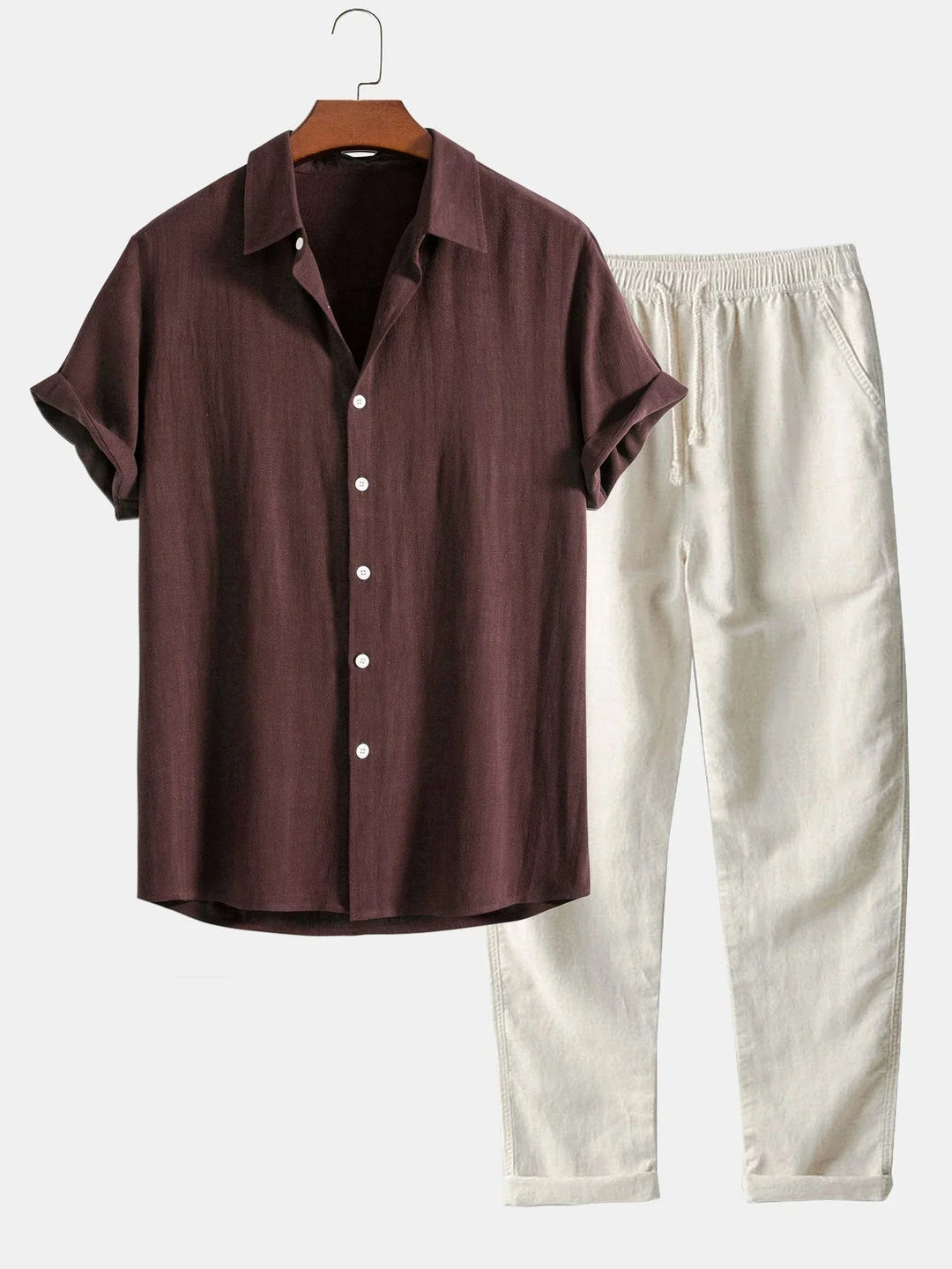 Ensemble chemise et pantalon homme, élégant et confortable, disponibles en café brun ou bleu.