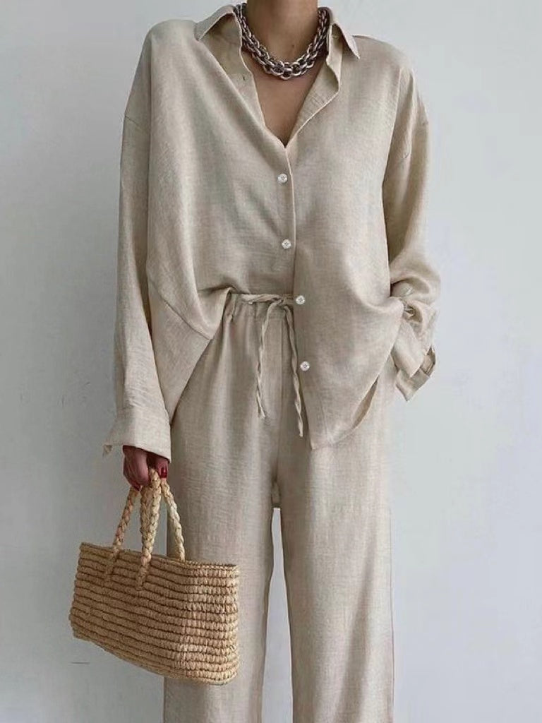 Ensemble coordonné femme en lin: chemisier ample & pantalon large élégant, idéal été/printemps, confortable & décontracté.