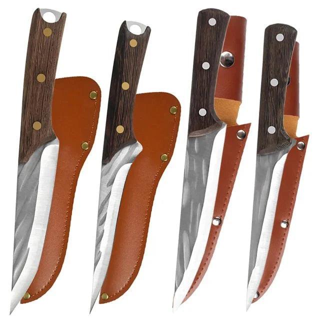 Ensemble couteaux forgés main, chef, boucher, étui cuir.  Acier inoxydable, manches bois.