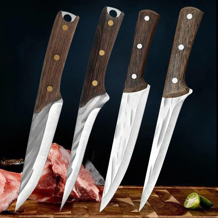 Ensemble couteaux forgés main, chef, boucher, étui cuir.  Acier inoxydable, manches bois.