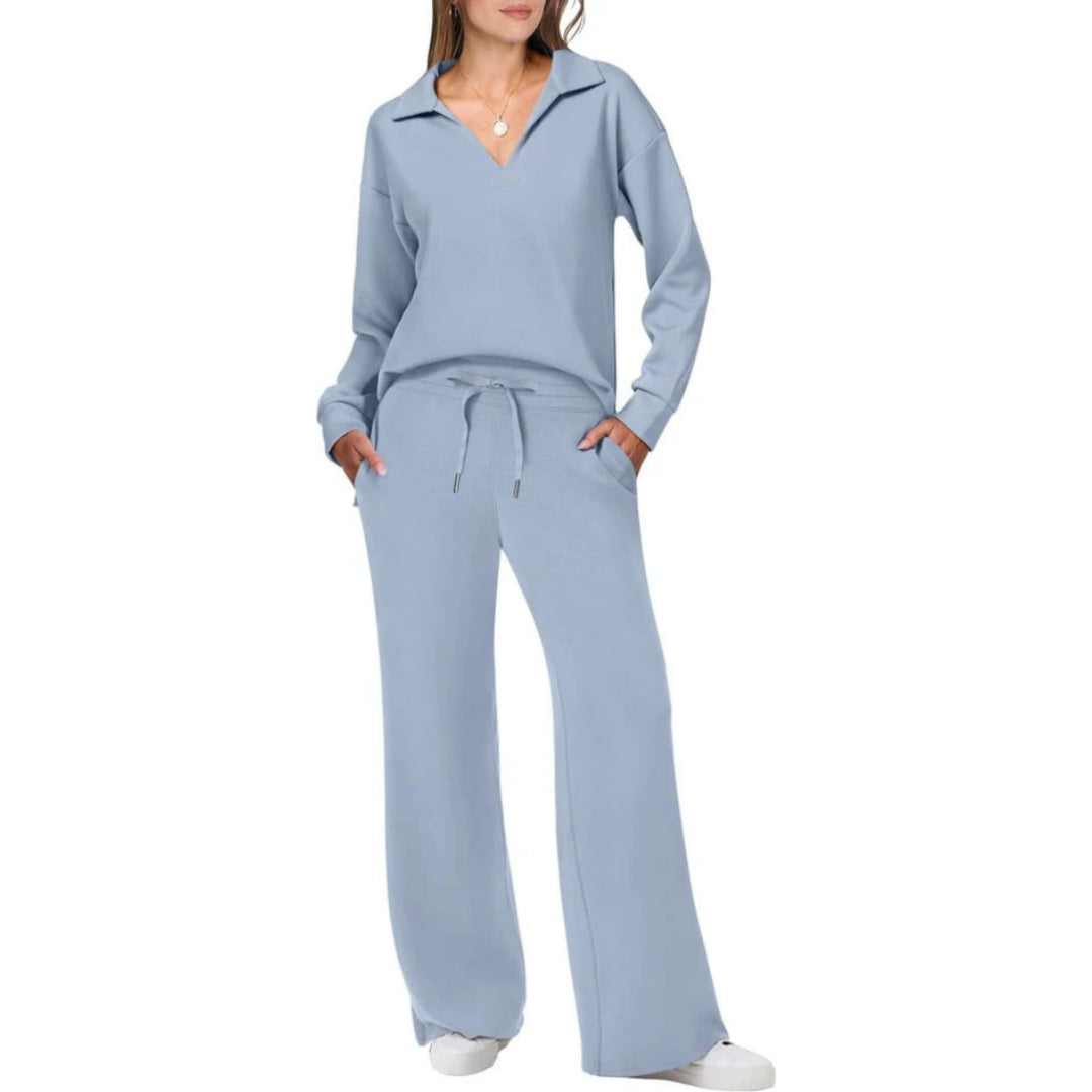 Ensemble décontracté femme deux-pièces chic et confortable avec col V et pantalon pour loisirs modernes.