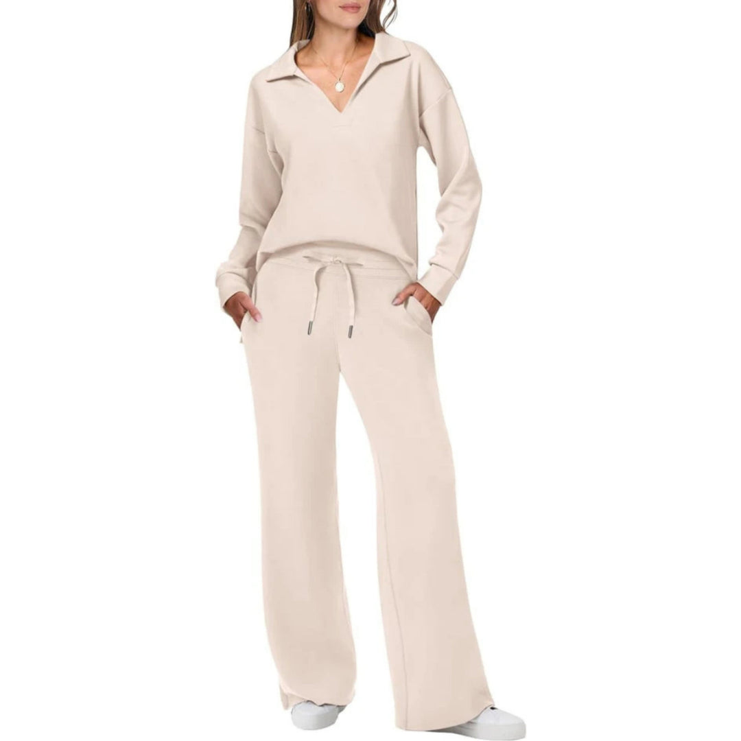Silhouette élégante en ensemble femme décontracté col V et pantalon, alliant confort et style chic moderne.