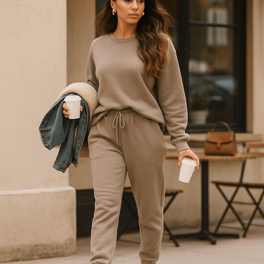 Femme portant un ensemble décontracté en coton pour se détendre à la maison. Tenue chic et confortable pour l'hiver.