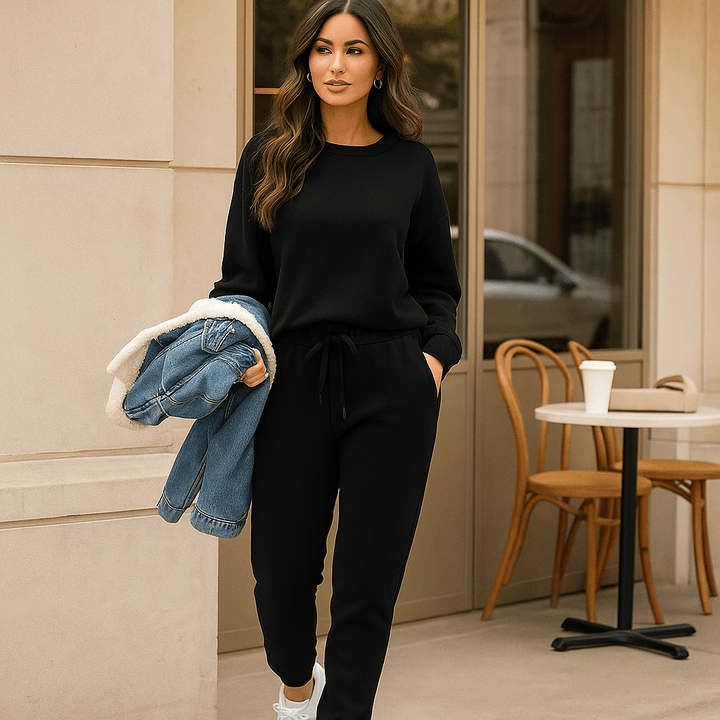 Détail de la texture douce du coton de l'ensemble détente femme, parfait pour une journée cocooning ou télétravail.