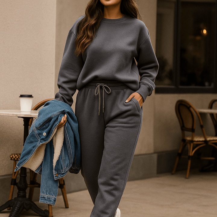 Ensemble 2 pièces femme en coton doux, idéal pour une tenue décontractée d'automne/hiver ou comme homewear confortable.