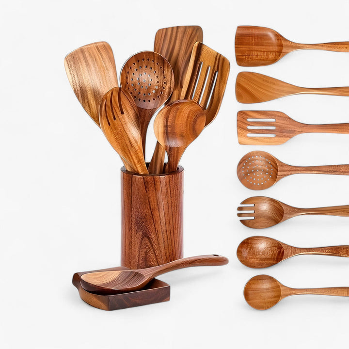 "Ensemble de 9 ustensiles de cuisine en bois naturel robuste, résistants à la chaleur, design élégant, anti-rayures."