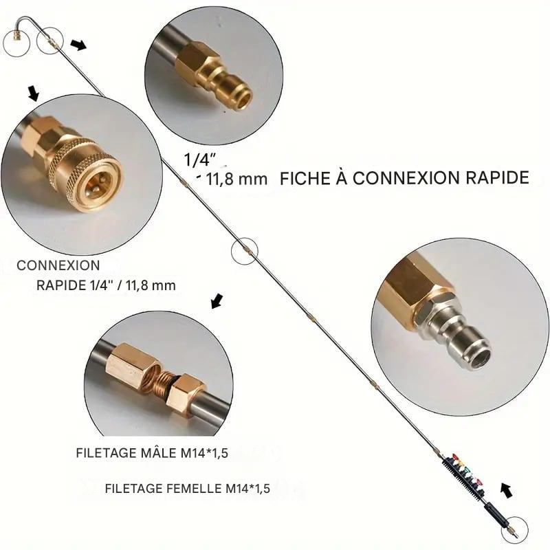 "Ensemble de lances télescopiques 4000 psi pour nettoyage haute pression, idéal surfaces élevées, robuste et extensible."
