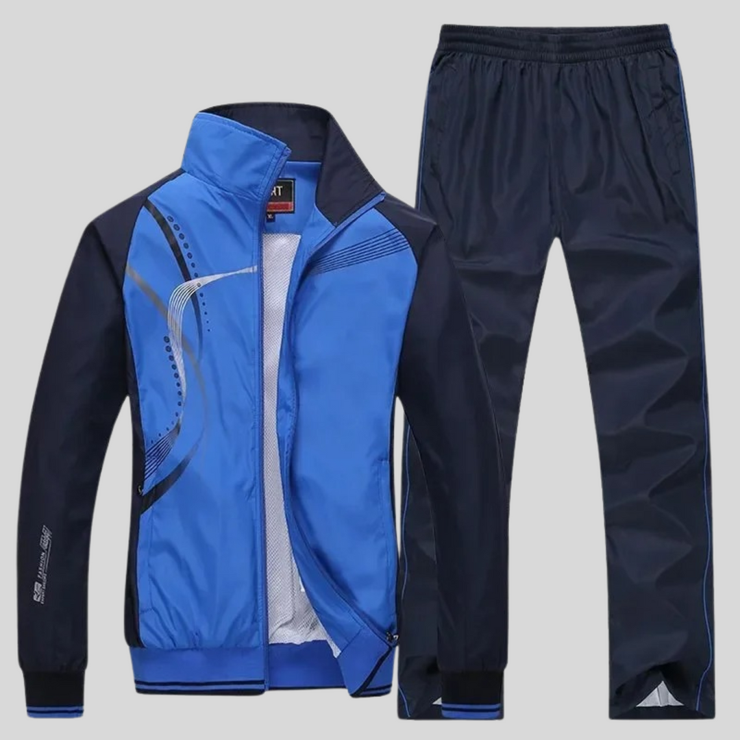 Tenue sport homme moderne, comprenant un jogging et un haut, idéale pour l'exercice et la détente. Vêtements fitness.