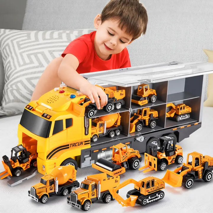 Ensemble de véhicules de construction colorés pour enfants, idéal pour le jeu éducatif et la motricité fine.