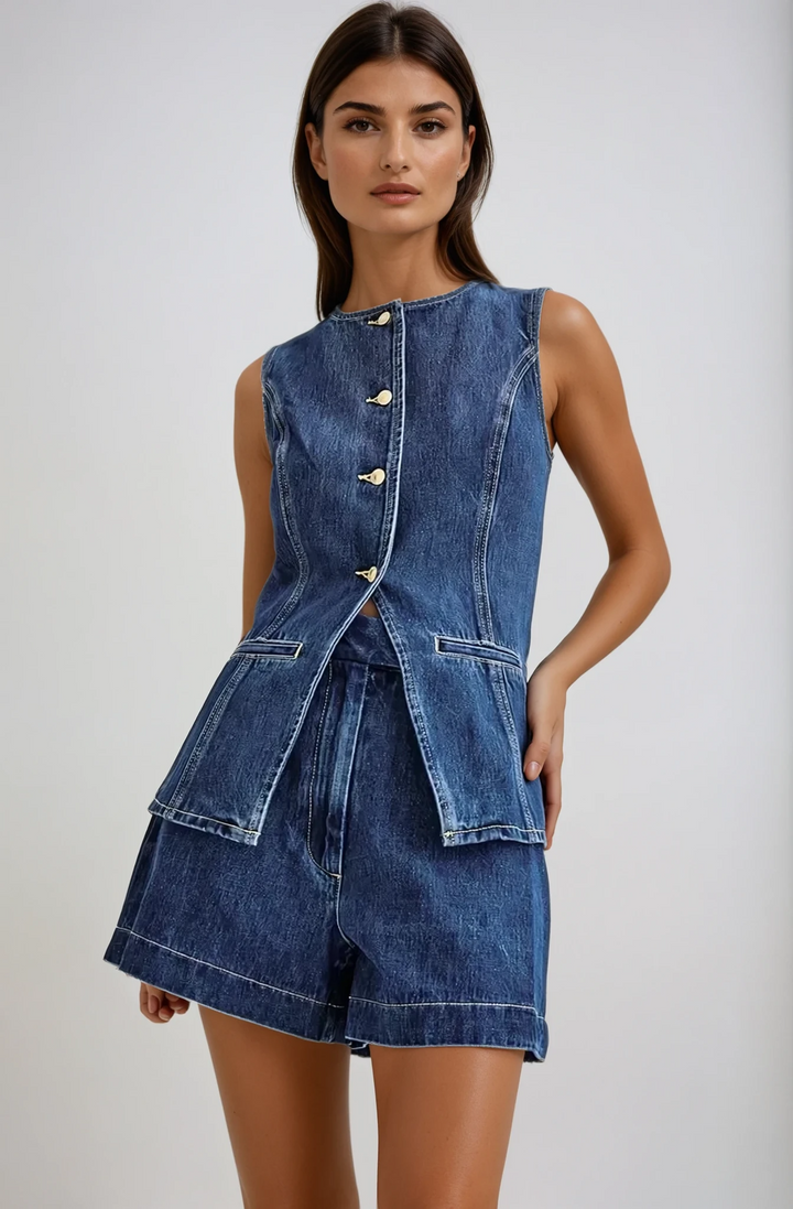 Ensemble denim femme, gilet et short, col V profond, denim bleu clair, look décontracté chic, idéal pour l'été.