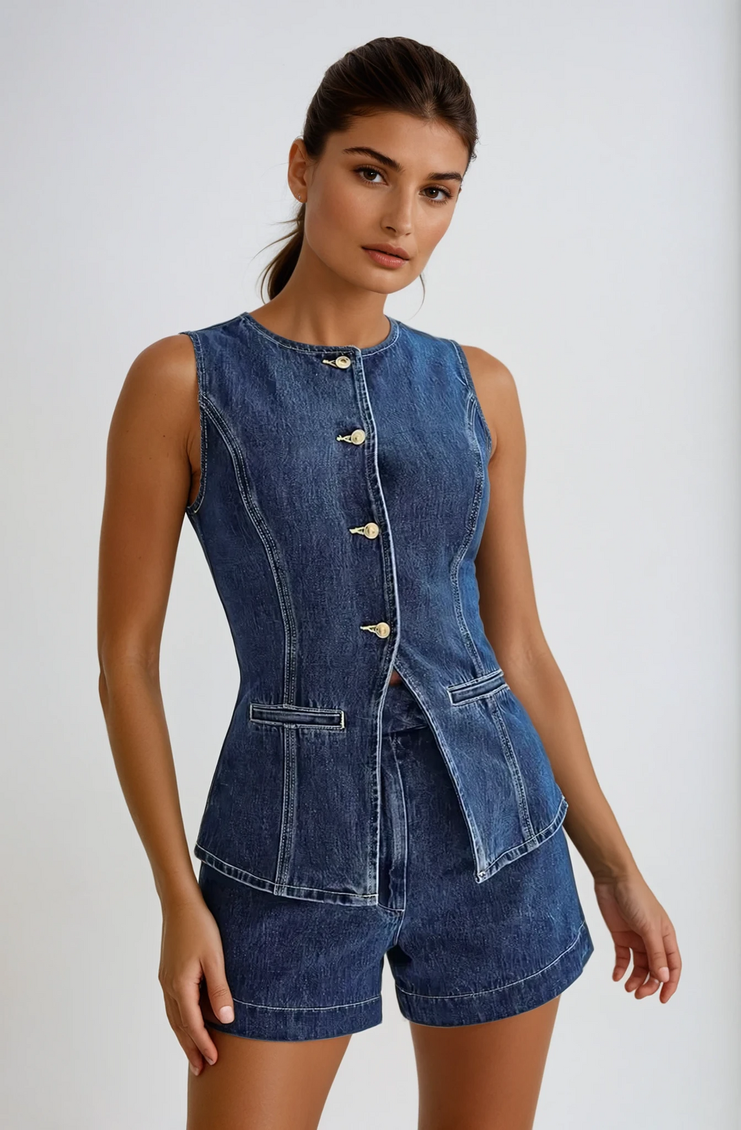 Ensemble denim femme, gilet et short, col V profond, denim bleu clair, look décontracté chic, idéal pour l'été.