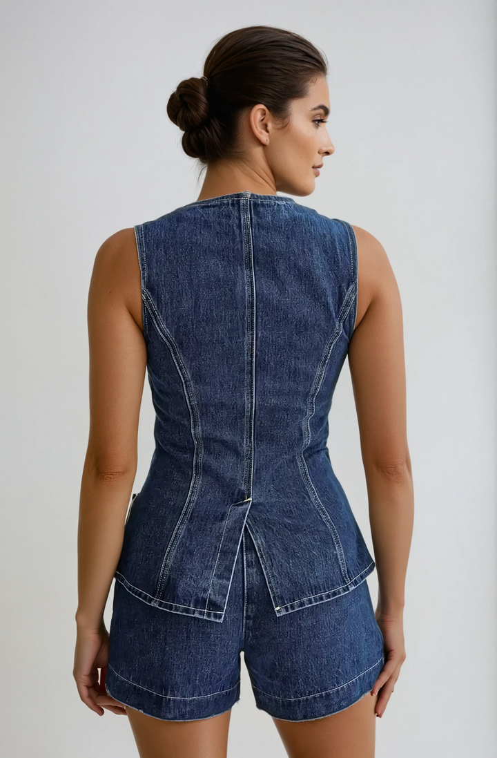Ensemble denim femme, gilet et short, col V profond, denim bleu clair, look décontracté chic, idéal pour l'été.