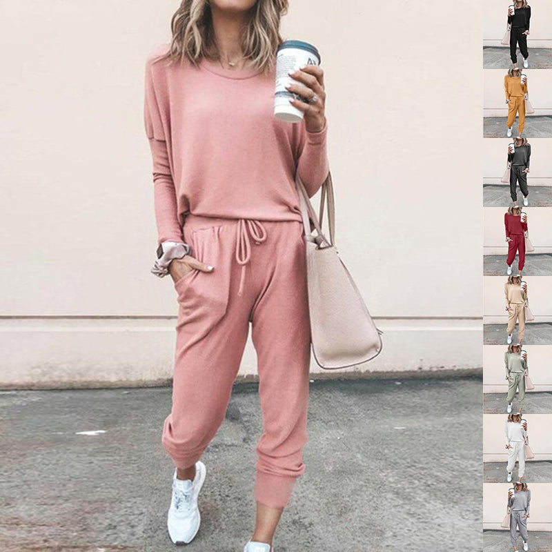 Ensemble deux pièces femme décontracté, haut pull à manches longues et pantalon confortable à cordon, polyvalent.
