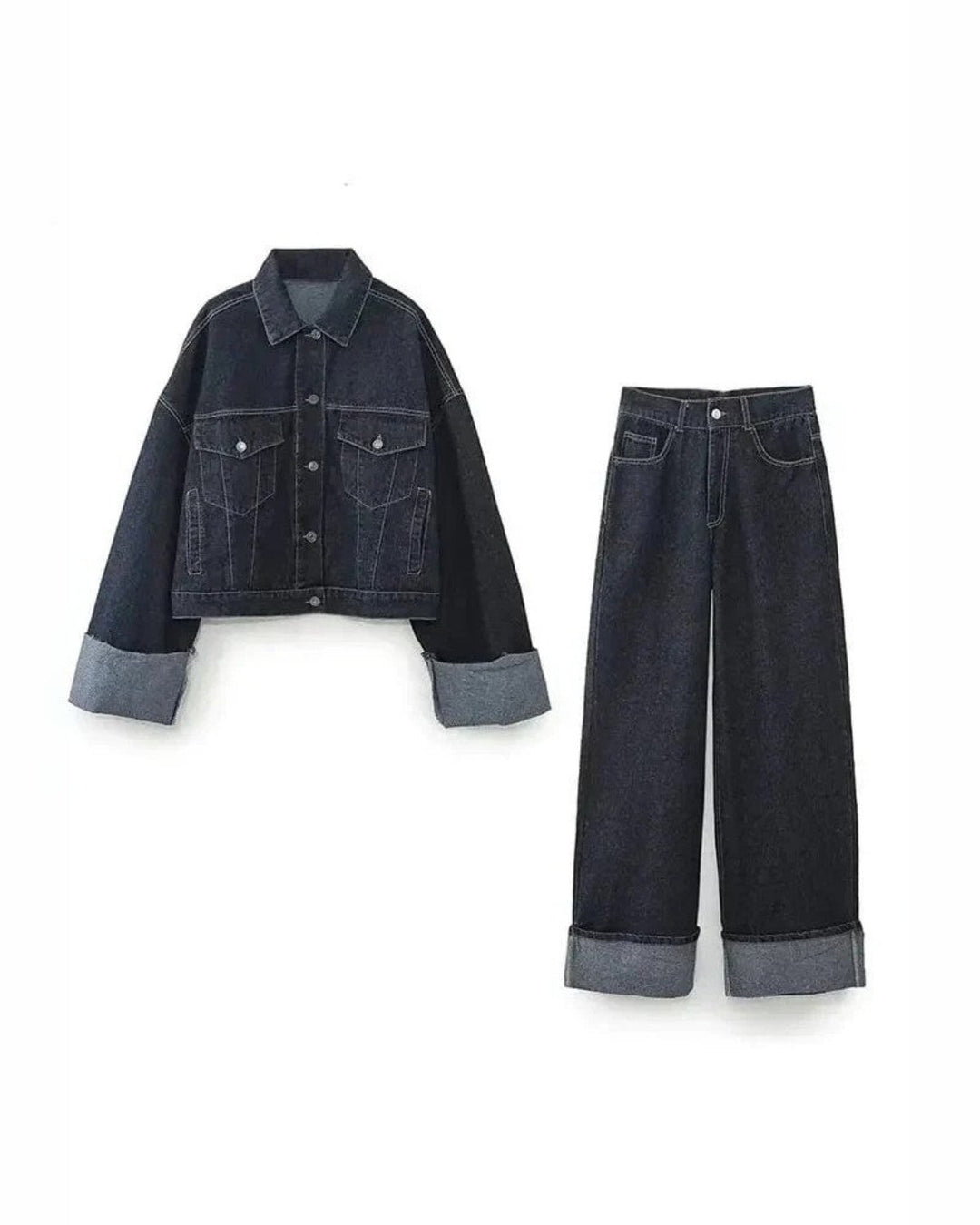 Ensemble denim femme confortable pour printemps-automne, incluant une veste et un pantalon long bleu foncé tendance.