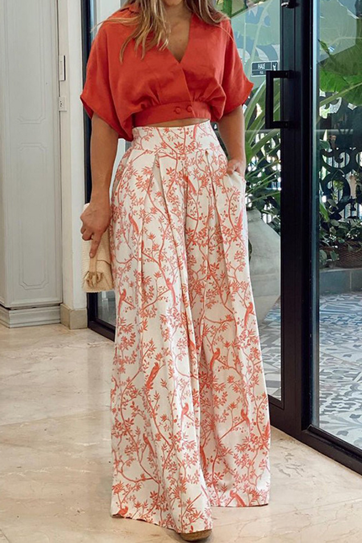"Ensemble deux pièces femme en satin, crop top manches longues, pantalon palazzo, coloris Mandarine, look raffiné et conforta